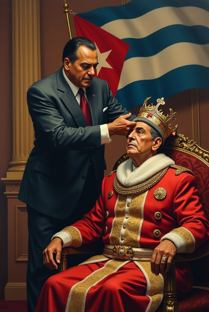 Fulgencio Batista stealing the crown from the head of a king in a room with the Cuban flag.