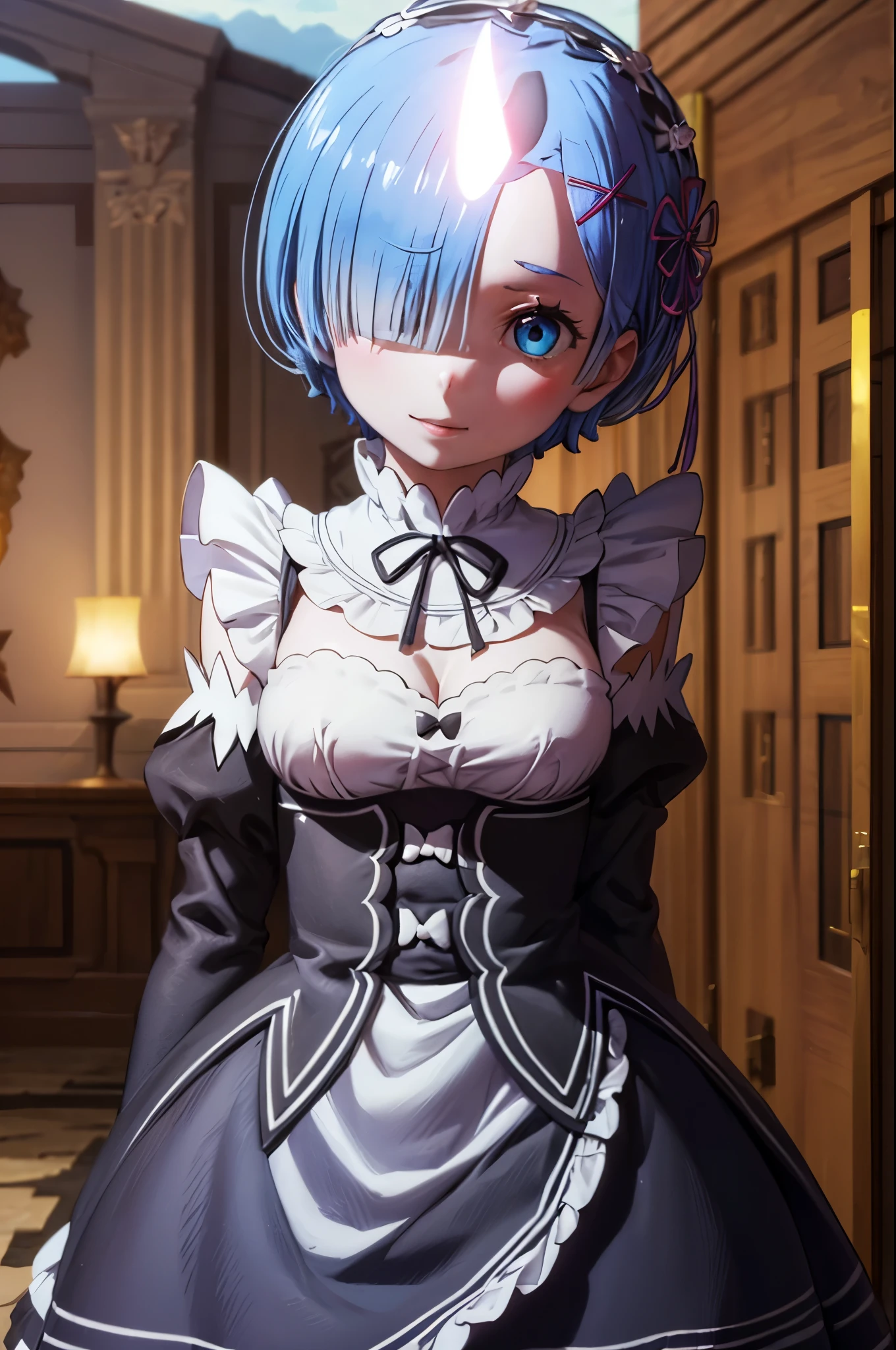 (4k,8k,best quality, masterpiece:1.2), ultra-detailed, realistic, realism, perfect face, perfect nose, detailed hair, detailed eyes, detailed lips, realistic colors, studio lightning, Extremely detailed face, Extremely detailed body, good body proportions, one girl, (((cowboy shot))), small mouth, looking at viewer, glare, disdain, smile, confident pose, mature woman, blue eyes, glowing eyes, blue hair, ((hair over one eye)), short hair, ((rem)), looking at viewer, big breasts, 20yo woman, glowing eyes, roswaal mansion maid uniform, ((forehead blue horn, one horn in her forehead, one horn)), blue oni, demon, spiritual world