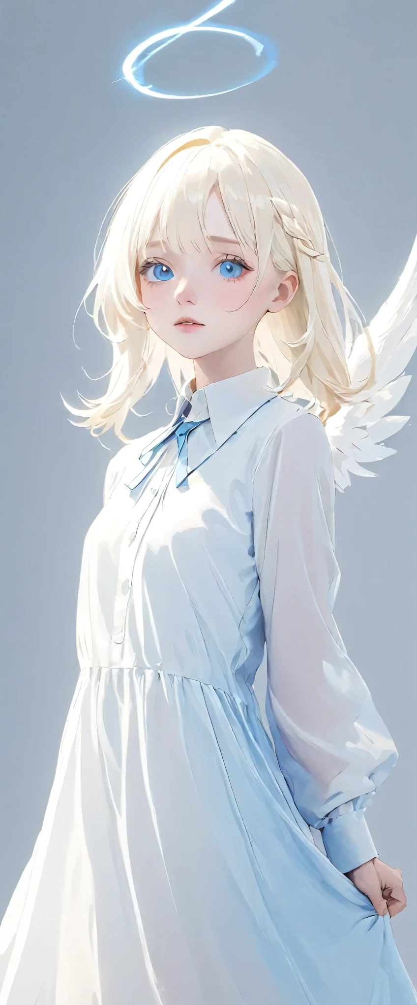 (((White Background:1.3)))、(((One albino woman、Cute Face、Cute Woman、Angelの羽、Angel))), ,(((The eyes are light blue:1.3)))、White Dress、((White shirt:1.3、White Block Dress)), Tyndall effect, Realistic, Shadow Studio,ultramarine、illumination, デュアルトーンillumination, (Skin with attention to detail: 1.2)、薄暗いillumination、暗いillumination、 photograph, High resolution, 4K, 8k, Background Blur,Beautiful fade out、White world、White Background