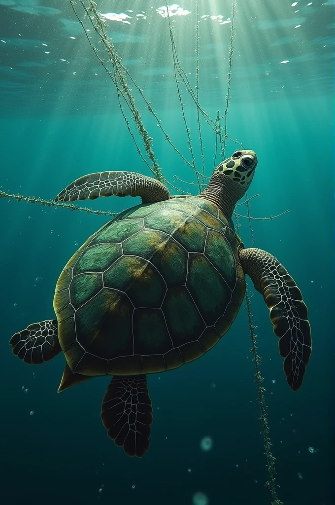 A photograph of a sea turtle trapped in a plastic net, struggling to swim.
