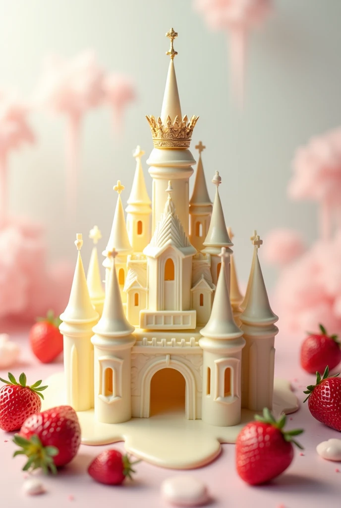 generate a slightly animated image where a white chocolate castle is melting, as decoration some strawberries and that on top it has a crown MORE 