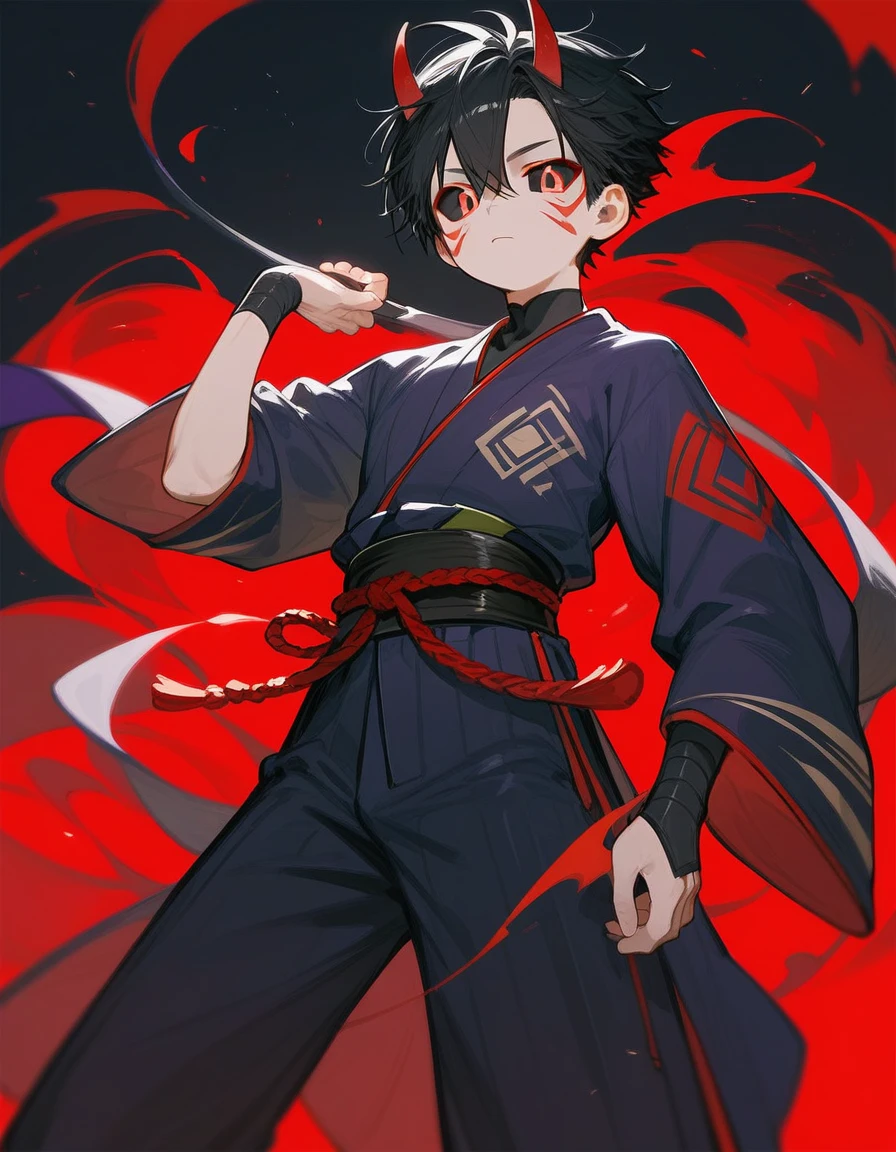 young man with red and black hair, with veins marked with black sclera and a purple pupil, full of marks on his body a kimono and kny demon hunter clothes