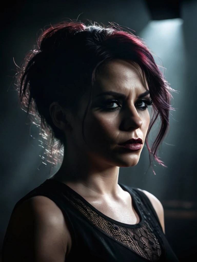 a melancholy female vocalist of a doom metal band, male vocalist, atmospheric, dark, moody, cinematic, dramatic, gloomy, ominous, somber, heavy, intense, visceral, emotive, powerful, layered, textured, dynamic, cinematic lighting, dramatic lighting, deep shadows, chiaroscuro, muted colors, desaturated colors, cool tones, moody tones, gothic, occult, esoteric, mystical, surreal, ethereal, (best quality,4k,8k,highres,masterpiece:1.2),ultra-detailed,(realistic,photorealistic,photo-realistic:1.37)