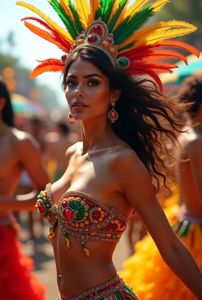 a beautiful Brazilian woman, carnival costume, colorful feathers headdress, intricate beaded dress, dancing samba, lively music, vibrant colors, festival atmosphere, energetic crowd, dynamic movement, photorealistic, (best quality,4k,8k,highres,masterpiece:1.2),ultra-detailed,(realistic,photorealistic,photo-realistic:1.37),highly detailed face and eyes,stunning makeup,long eyelashes,perfect skin,dynamic pose