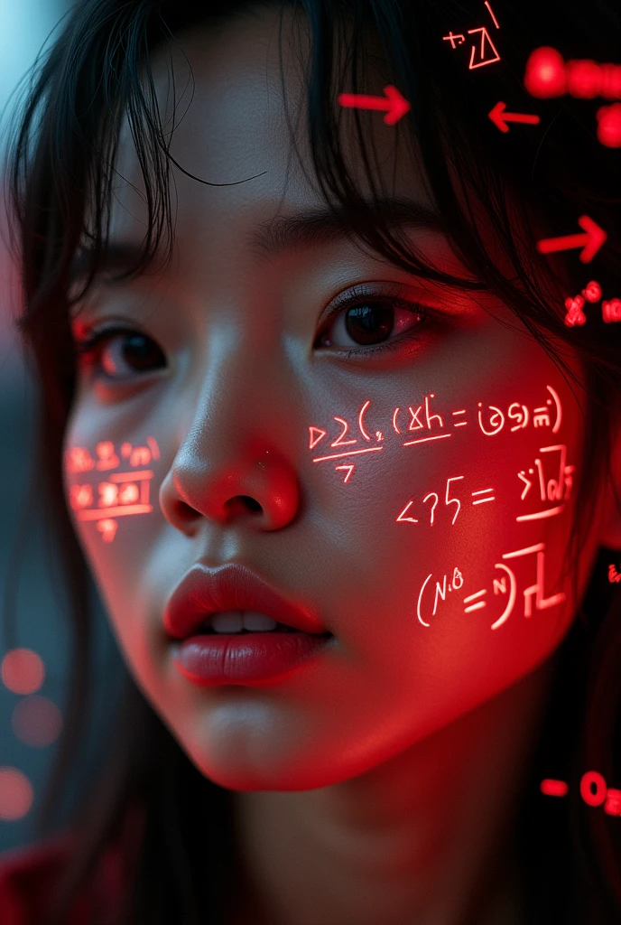 A High-Quality Close-up of an Asian woman's face, glowing red holographic equations projected onto the skin. Intense gaze, realistic features. Dark background, cyberpunk aesthetic. Luminous mathematical formulas, handwritten style. Futuristic, high-tech atmosphere. Photorealistic rendering, dramatic lighting, sharp contrast