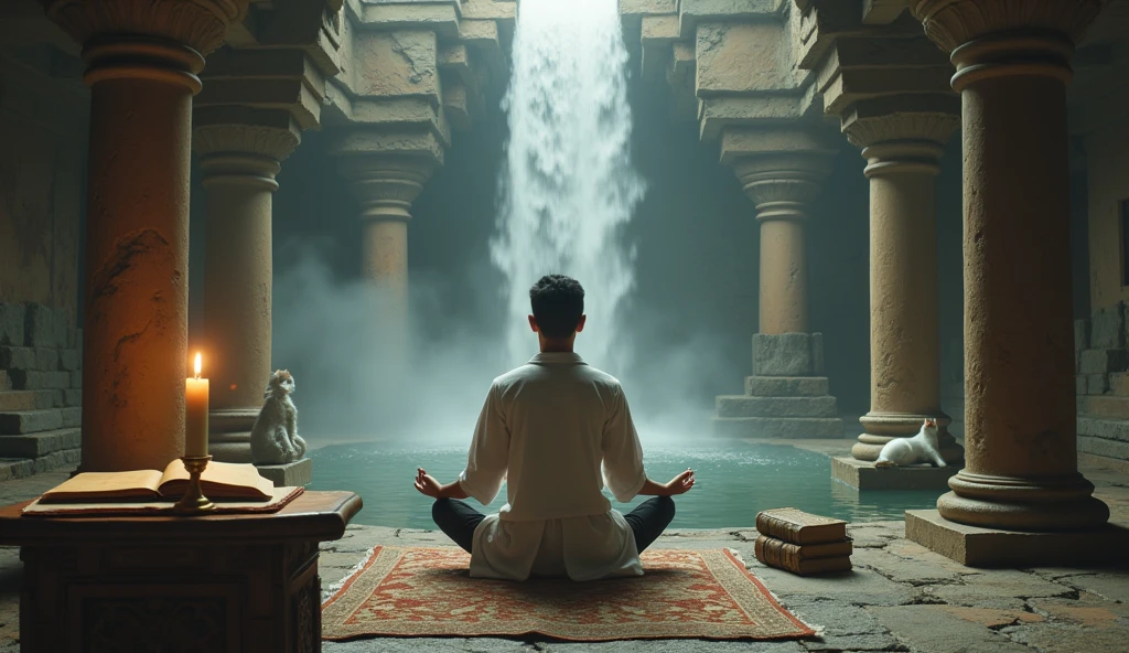 generate a person meditating in an ancient temple next to a table with books and an ancient candle with a cat and in front there is a waterfall