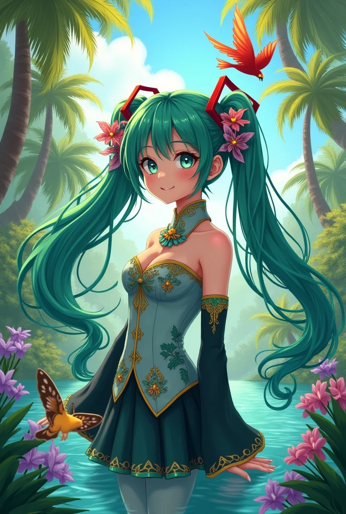 Anime art style, stunning masterpiece, Miku portrayed as a Brazilian Pantanal icon, captivating emerald green hair with floral accents, elegant outfit melding traditional Brazilian patterns with her distinctive style, surrounded by a vibrant landscape teeming with life, immersive representation of exotic flora, towering palm trees with broad fronds, delicate orchids blooming in bursts of lavender, glossy scarlet macaws flitting overhead, serene blue waters reflecting the sky, Miku's expression exuding joy and connection to nature, dynamic composition emphasizing the flow of her hair and the movement of the surrounding wildlife, soft sunlight filtering through the leaves, casting dappled shadows that dance on the ground, enchanted atmosphere filled with the harmony of nature, delicate butterflies flitting nearby, blending seamlessly into the colorful background, with a whimsical touch that captures the imagination, meticulously crafted lines and bright colors typical of anime illustration, expressive character design and exaggerated features emphasizing her charm, enhanced depth created through layered foreground and background details, illustration with rich textures, a celebration of both anime culture and the breathtaking Brazilian wilderness.
