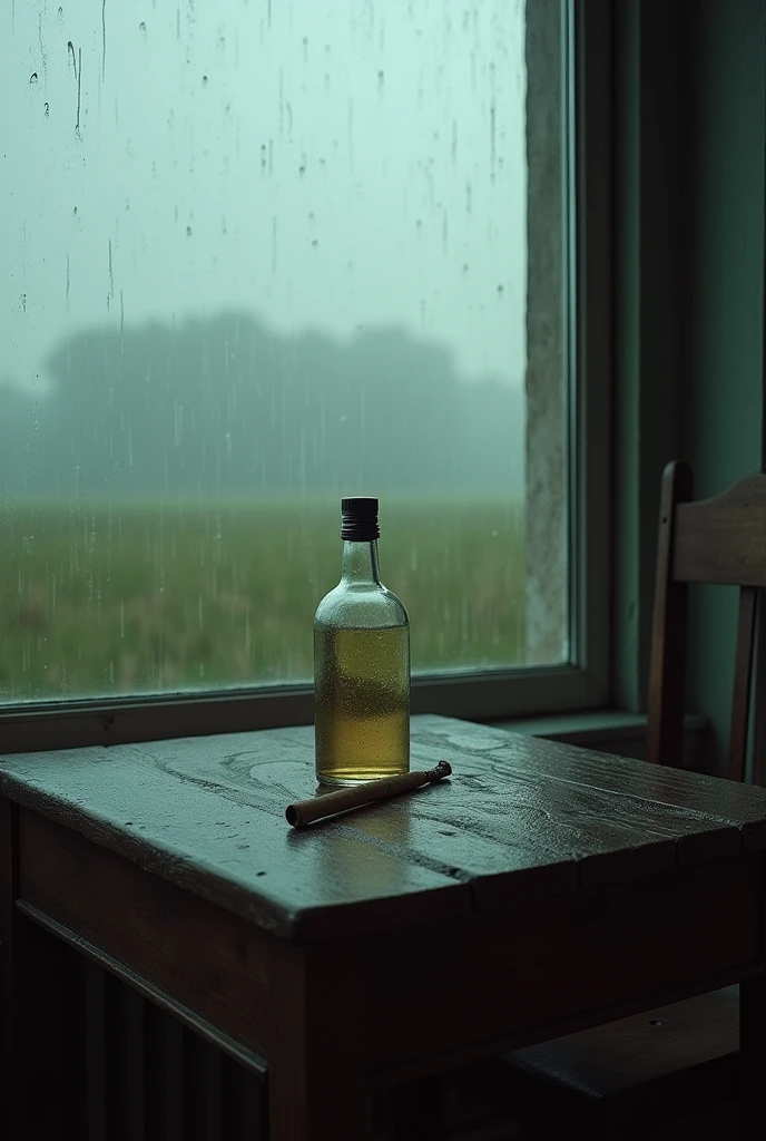 A wooden table, with a small bottle of vodka and a lit cigarette on the side, in front of it a large window showing a Field with heavy rain, Poetic style old-fashioned, closeup, landscape