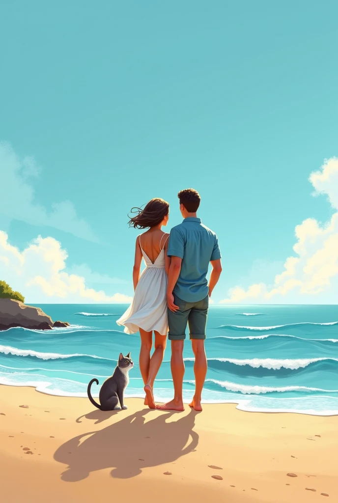 Dessin couple devant la mer en Francr avec un chat gris manx rayé