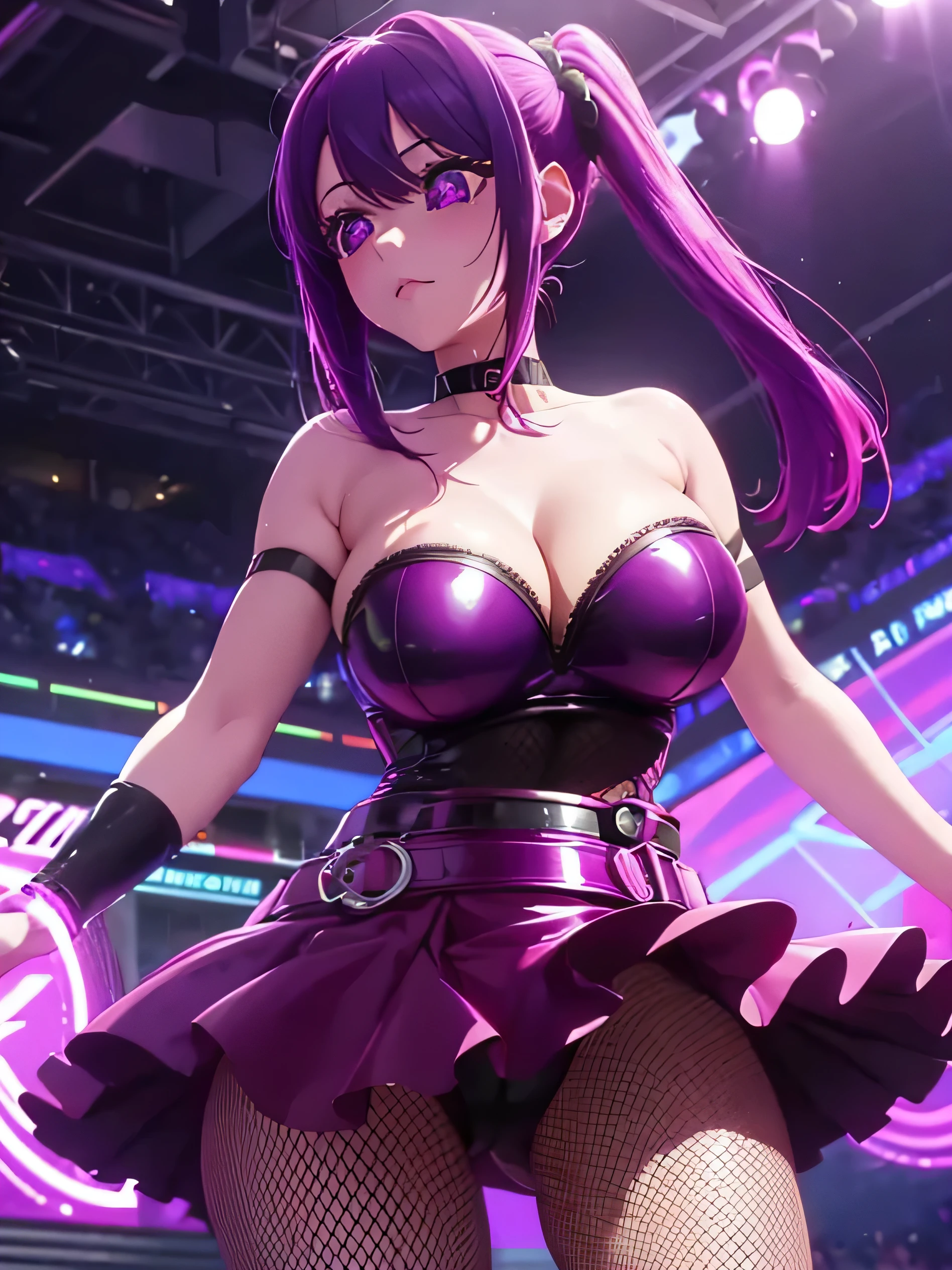 sexy anime girl, cute face, big bust, purplepink hair, spacebun hair, purple eyes, black latex bra, showing cleavage, black latex skirt, fishnet tights, black choker, holding whip, perspective from below, pov below, ambient lighting