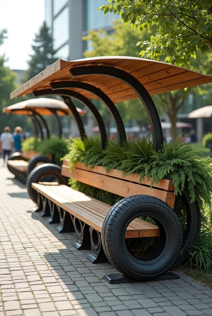 propose moi plusieurs idées de conception des bancs public avec des pneus de voiture avec un abri soleil et de pluie