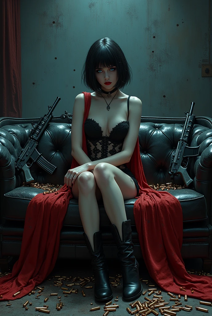 Undead vampire gothic girl with short dark hair and blue eyes, in black lingerie and red cape sitting on the couch, It is riddled with machine guns with millions of bullets that make many bullet holes in its impenetrable steel skin..., The bullets fall to the floor and make many bullet holes in the sofa and wall and break many pistols and machine guns. 