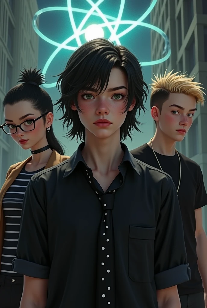 Un garçon avec une chemise noire et une cravate noire avec des petits points blancs cheveux longs et noire et une fille coupe de cheveux au carré plongeant avec des yeux verts et des lunettes, avec une chemise noire à rayures blanches, une fille avec les cheveux blonds, avec une chemise noire et un long manteau marron, un homme avec une chemise noire manche courte, blonde colored hair in a spiky shape Then behind in the background an atom

(realistic)