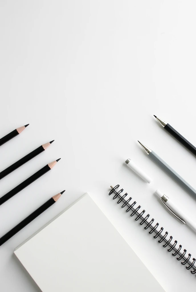 pencil image, notebooks, black and white pens to use as a background on a website page 
