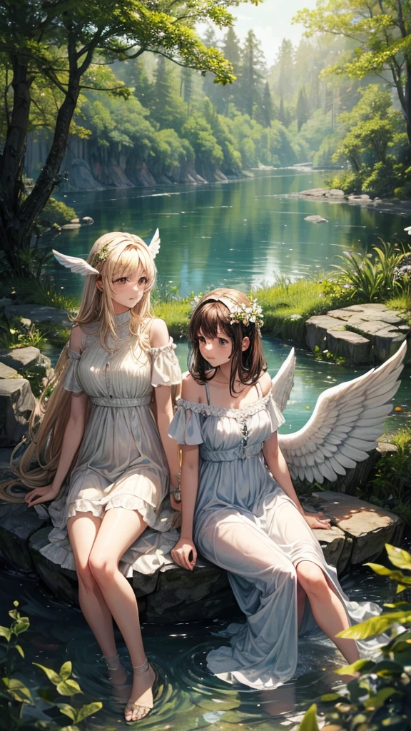 Three angels with wings resting beside a lake in a forest