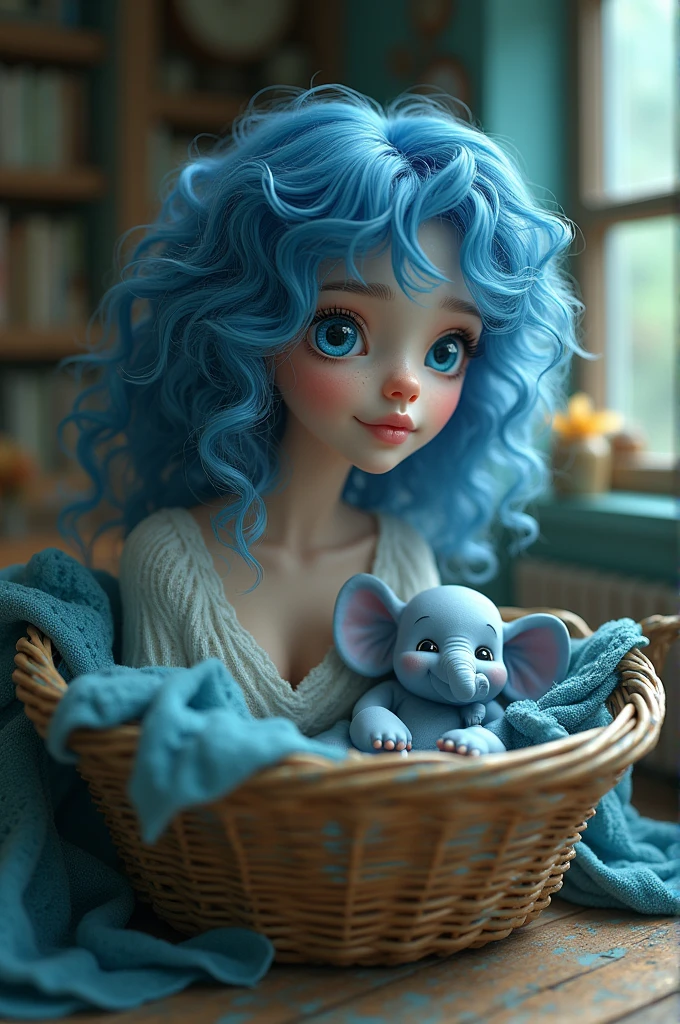 A woman with curly blue hair
with blue eyes
There is a cute little elephant
Inside an old basket
Inside a very dreamy house
style 3D