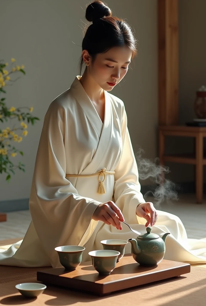 Imagine a Chinese woman conducting a tea ceremony, emphasizing the tranquility and tradition involved.