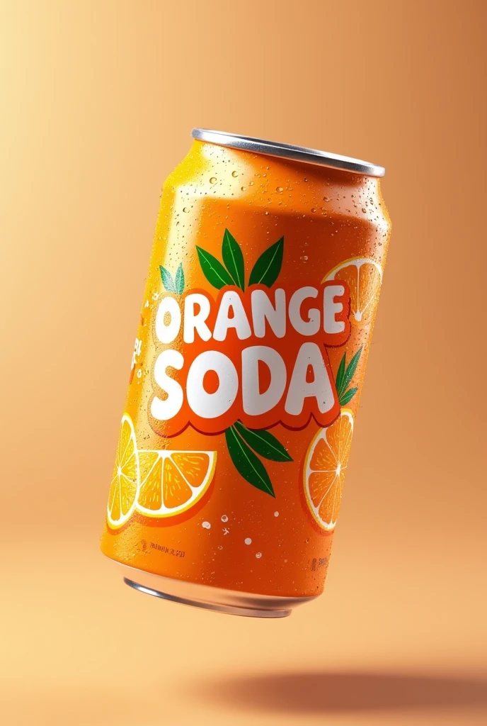 Orange Realistic Soda Can Name Label "orange soda" "orange soda" "funny label with oranges" realistic water droplets "floating can" realistic studio lighting 4k infinity background