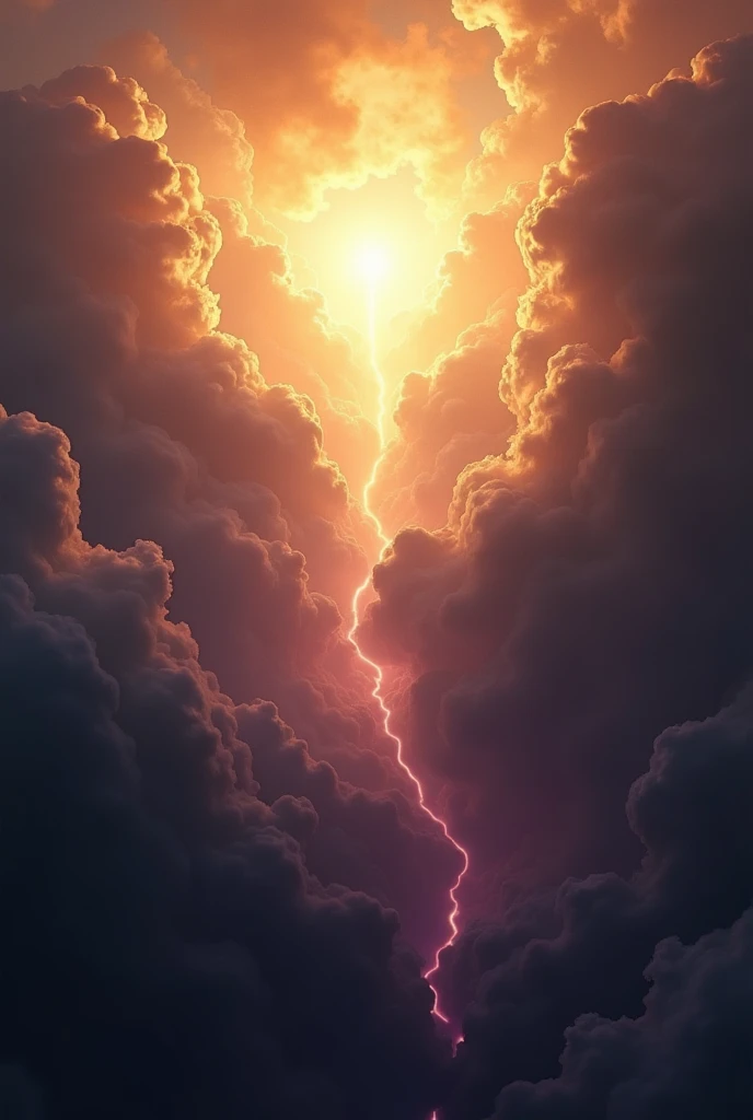 Heaven and the underworld are merging into an epic scene. At the top of the image, The sky is depicted in warm shades of gold and orange., while the underworld below is shown in dark and cool tones, like deep blacks and purples. The transition between both worlds is smooth but marked., with clouds of light and shadows intertwined in the middle.