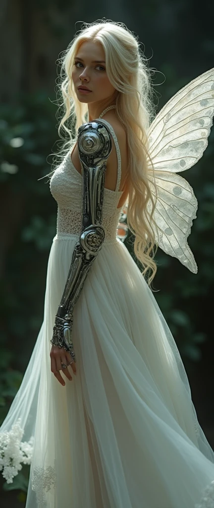 a bald woman, transparent white dress, mechanical fairy, mechanical limbs, (Gabriel Pacheco style), butterfly wing trick, (best quality,8k,highres,masterpiece:1.2),ultra-detailed,(realistic,photorealistic,photo-realistic:1.37),cinematic lighting,dark moody colors,chiaroscuro,intricate details,delicate lace,soft focus,dramatic shadows,ethereal atmosphere