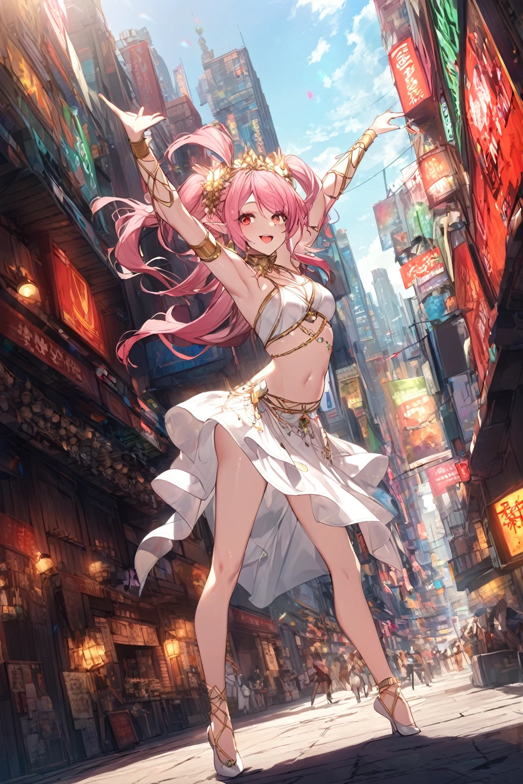 1 girl, Female Elf, , Long, straight pink hair, thin white clothing, dancer costume , Red eyes, smile,laugh,white skin,standing,city background,((dynamic pose)),((dynamic angle)),