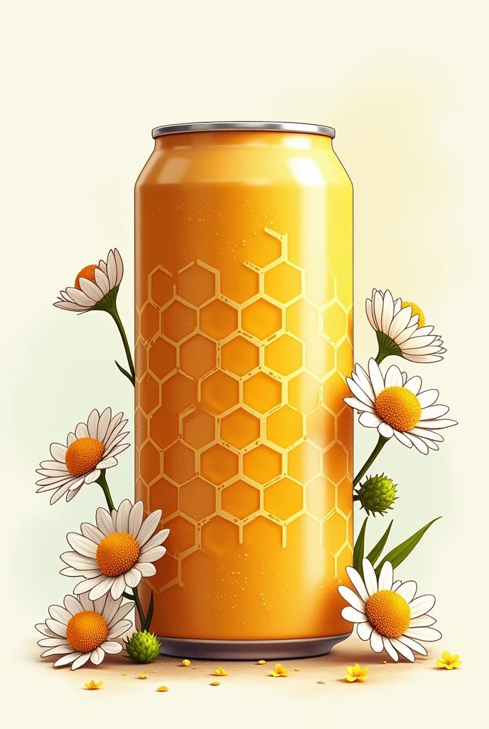 Create a designer drawing of a soda can with honeycomb and chamomiles
