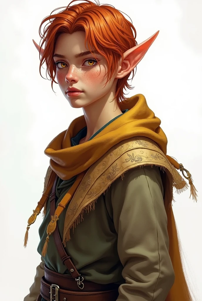 high elf, young adult male, skin tanned, copper colored hair, golden eyes with freckles. magician. Profile for RPG, white background, fully body