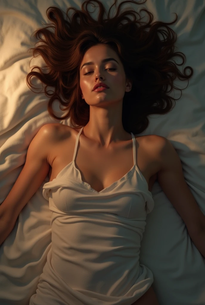 20 year old woman laying on her back, having sex in her bed, view from above