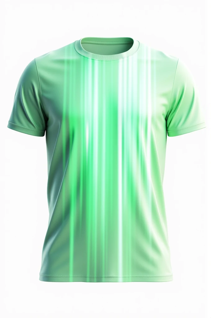 White T-shirt with green vertical lines that shimmer into a gradient with white, on a white background