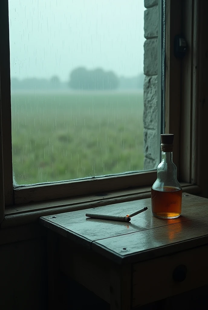 A wooden table, with a small bottle of vodka and a lit cigarette on the side, in front of it a large window showing a Field with heavy rain, Poetic style old-fashioned, closeup, landscape