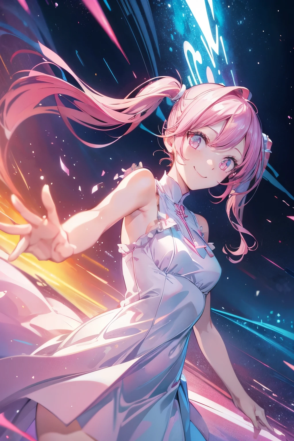 ((masterpiece: 1.2)),very detailed, ultra high resolution, high quality, HD, 1 woman,Very delicate and beautiful, (illustration), ((맑은 pink 눈)), white hair band, ((pink_hair)), ((twin tail)),WHO, ((White dress)), white shoes, pink,White stockings, ((armpit))and ((Side chest slightly))It looks like this, slim, swirling flames, clear face, Romantic Academia, movie lights, volume lighting, dynamic lighting,soft edges, soft lines,dynamic angle, dramatic lighting, warm lighting, soft lighting, fancy, ((smile)), Digital World Background, Digimon, Upper body only, ((옆에 붉은색의 Digimon들이 날아 다니고 있다)), Meadow and sky background