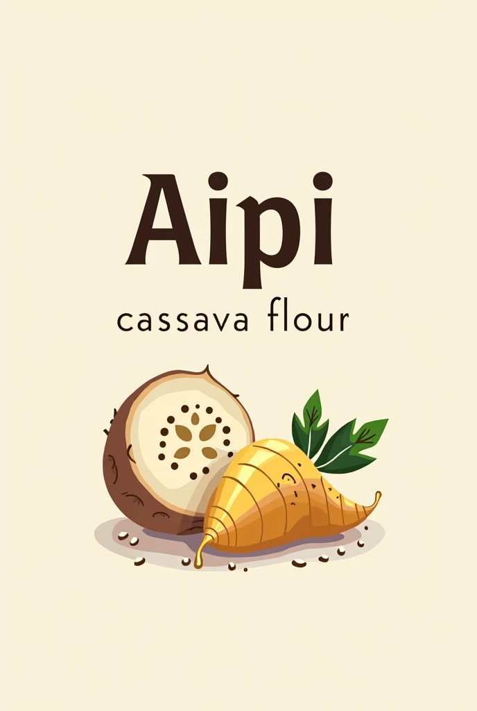 Logo for a cassava flour brand called aipi. With a cassava at the bottom