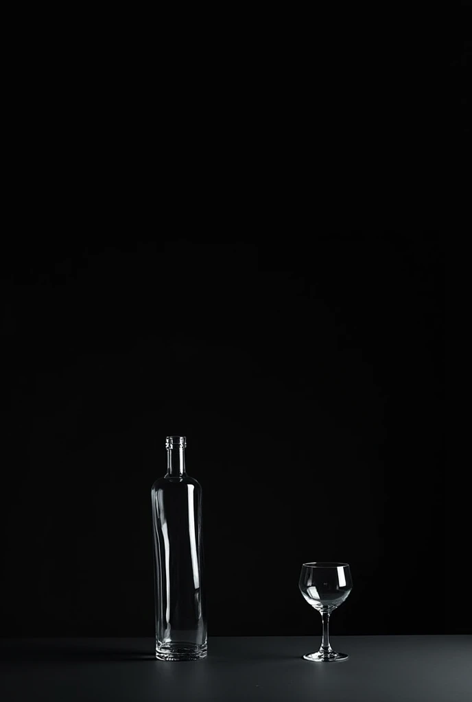 A glass bottle larger than 20 cm and a glass wine glass smaller than 15 cm placed horizontally, with the bottle and glass displayed from the front, but now on the base and the black background. Both objects must be in a horizontal position.