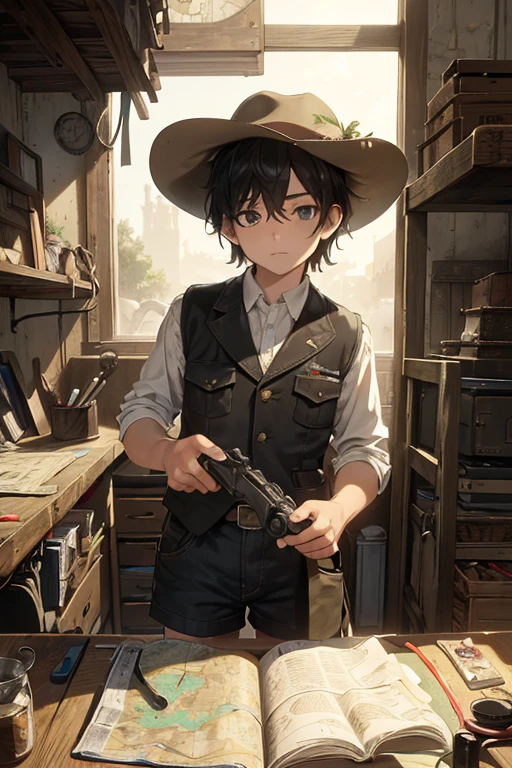 masterpiece, Highest quality, Very detailed, 16K, Ultra-high resolution, Cowboy Shot, 1 boy aged 13, Detailed face, Perfect Fingers, black eye, Black Hair, Shortcuts, A vest with lots of pockets, Shorts, Explorer knife, Safari Hat, azimuth magnetic needle, binoculars, map, A room with lots of clutter, Organization tools