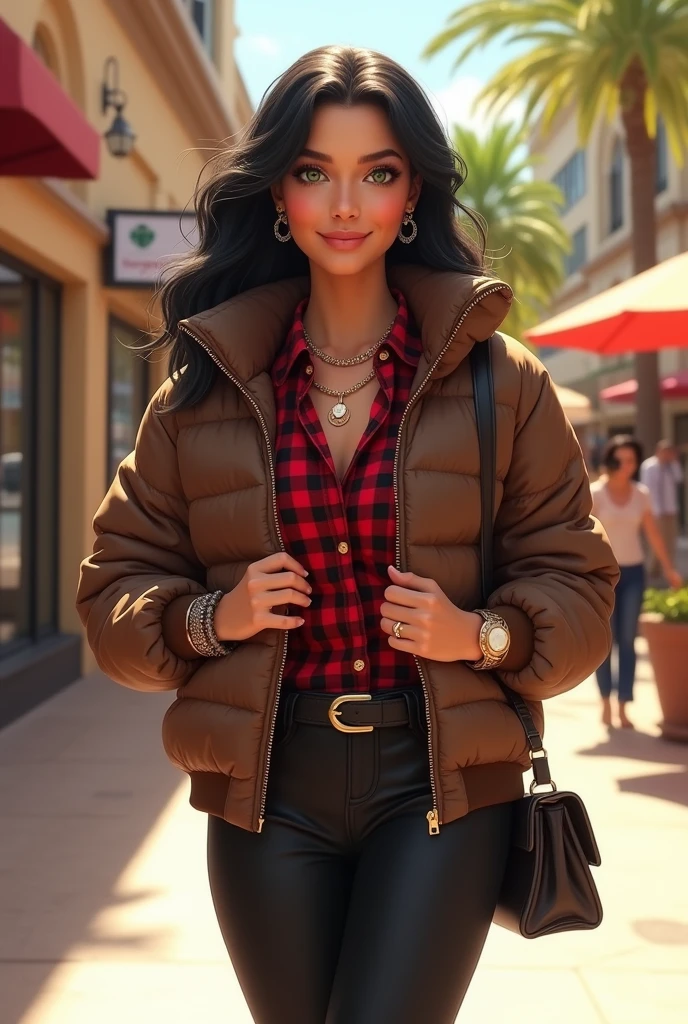 Full body beautil pale white skin latin woman, 5'7" tall, medium lush black hair, deep green eyes, wearing zip up brown quilted down nylon jacket with golden buttons, closed zipped up adidas black track jacket under nylon jacket, black bell bottom pants, rolled up sleeves, zipping up jacket, up collar, cleavage, red and black plaid formal button down blouse under track jacket, happy smile, walking on shopping center, high hill sandals, summer sunny day, bag, watch and bracelet, neck chain, ear rings
