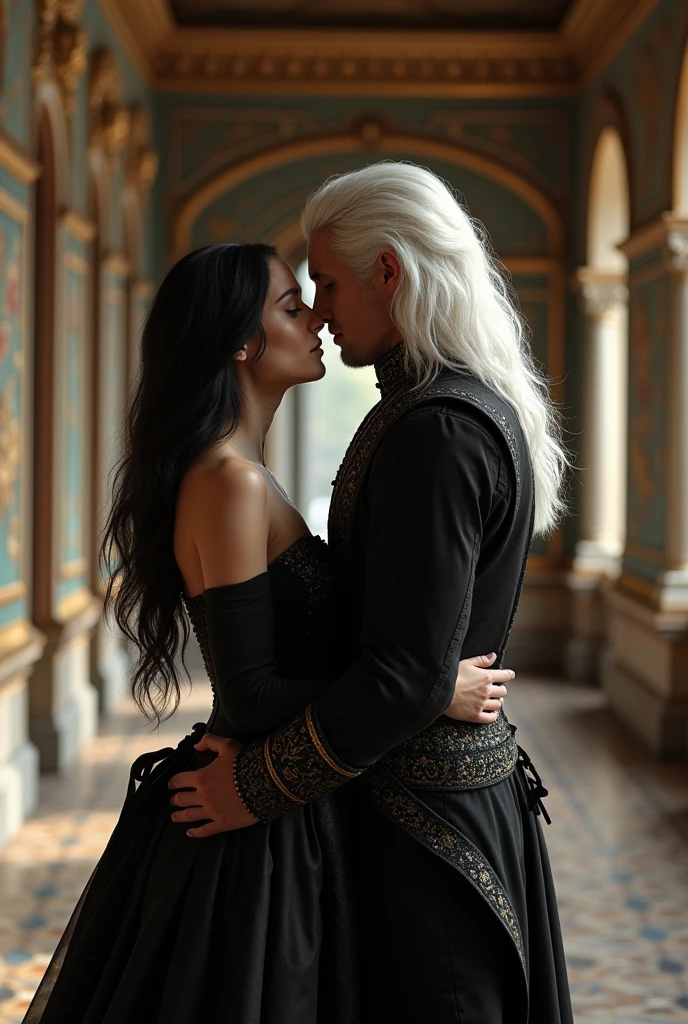 Passionate kiss between a white-haired man and a black-haired girl, both with medieval fantasy clothes, detailed, attractive