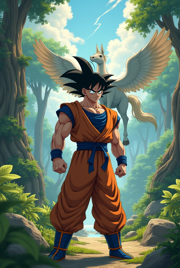 I want Goku with a forest background and a flying horse 10