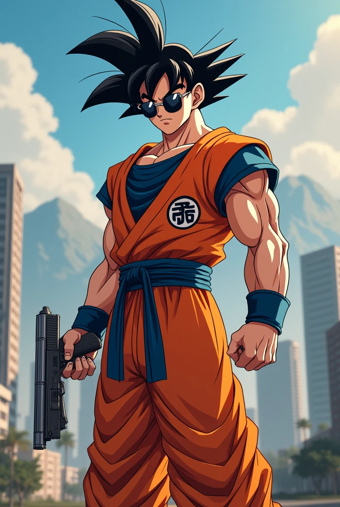 goku with sunglasses and a gun