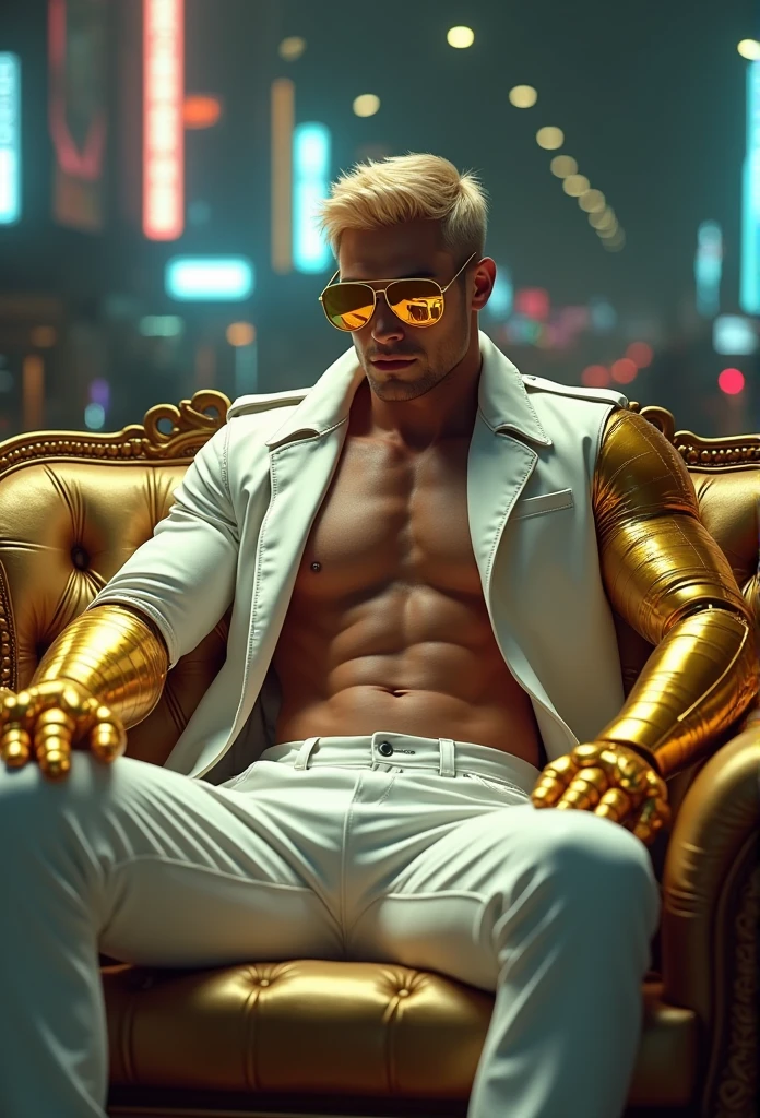 (((Cyberpunk Theme))) (((Muscular Blonde Man))) (((Sitting on luxurious sofa))) (((Golden mechanical arms))) (((Golden sunglasses))) (((Jacket white showing her chest))) (((white jeans)))