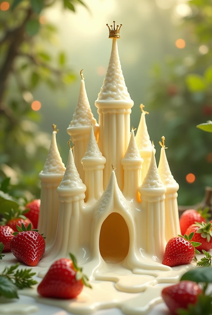 generate a slightly animated image where a white chocolate castle is melting, as decoration some strawberries and on top it has a crown SO MUCH MORE AND SO MUCH ANIMATED