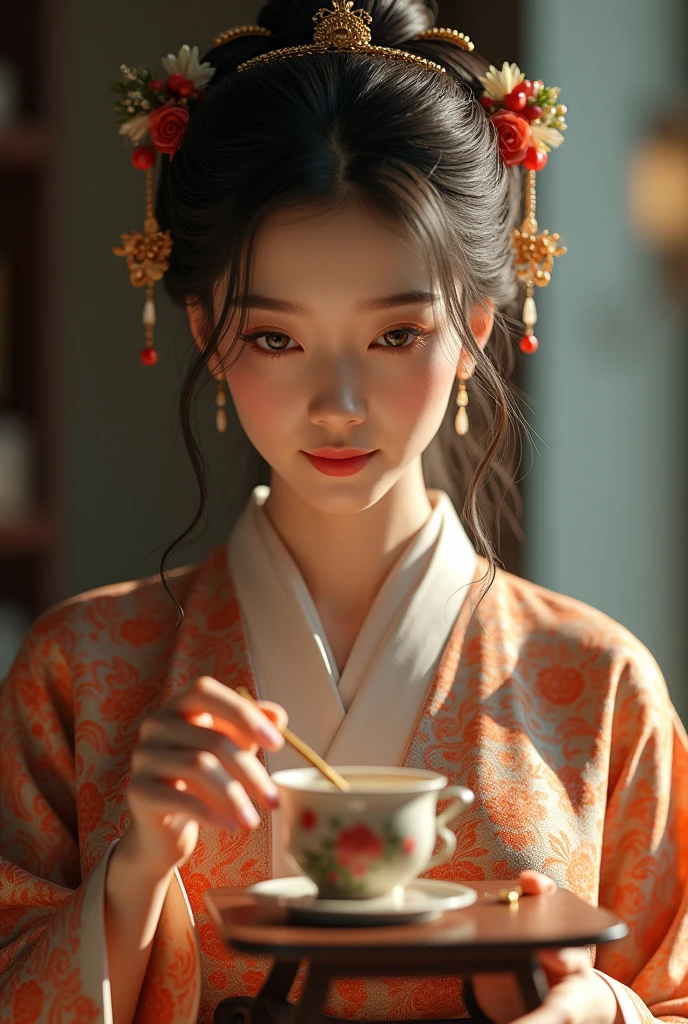 a woman conducting a traditional chinese tea ceremony,beautiful detailed eyes,beautiful detailed lips,extremely detailed face,long eyelashes,elegant traditional chinese dress,graceful movement,tranquil atmosphere,warm lighting,muted colors,high quality,intricate details,photorealistic,masterpiece,natural lighting,cinematic composition