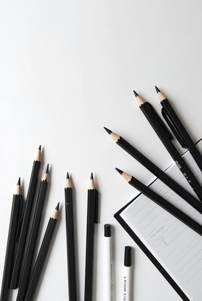 pencil image, notebooks, black and white pens to use as a background on a website page, in conceptual art
