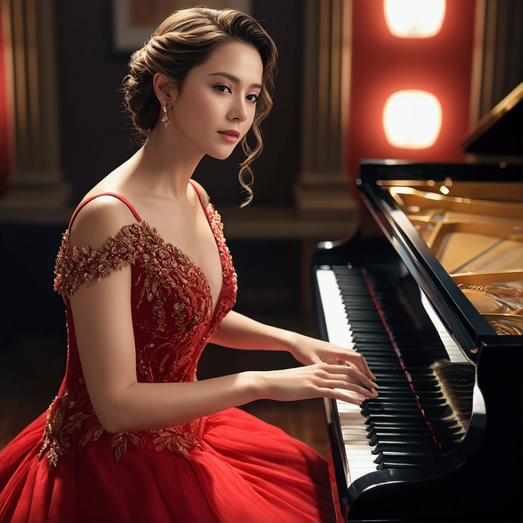 a woman in a luxurious red dress, playing a grand piano, perfect lighting, balanced and highly detailed image, cinematic composition, atmospheric, dramatic, elegant, photorealistic, award-winning, (best quality,4k,8k,highres,masterpiece:1.2),ultra-detailed,(realistic,photorealistic,photo-realistic:1.37),HDR,UHD,studio lighting,ultra-fine painting,sharp focus,physically-based rendering,extreme detail description,professional,vivid colors,bokeh