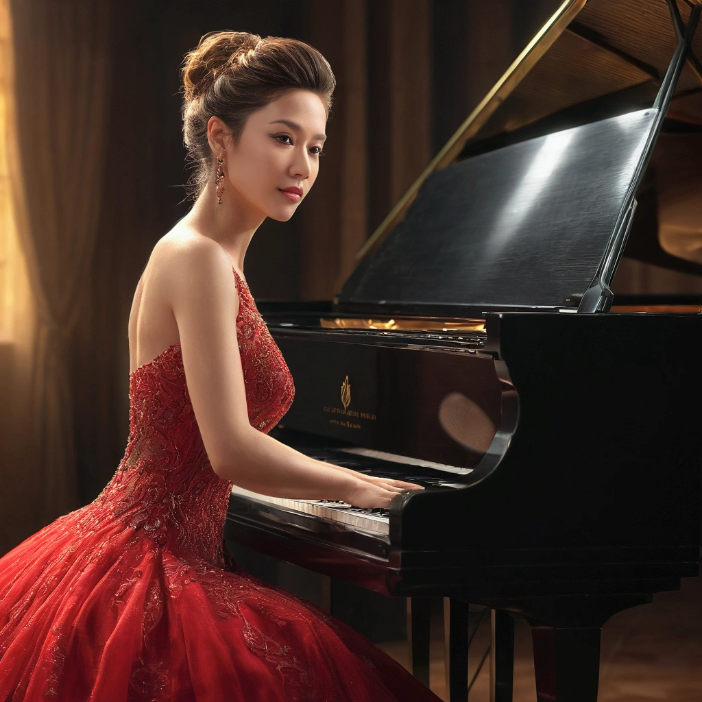 a woman in a luxurious red dress, playing a grand piano, perfect lighting, balanced and highly detailed image, cinematic composition, atmospheric, dramatic, elegant, photorealistic, award-winning, (best quality,4k,8k,highres,masterpiece:1.2),ultra-detailed,(realistic,photorealistic,photo-realistic:1.37),HDR,UHD,studio lighting,ultra-fine painting,sharp focus,physically-based rendering,extreme detail description,professional,vivid colors,bokeh