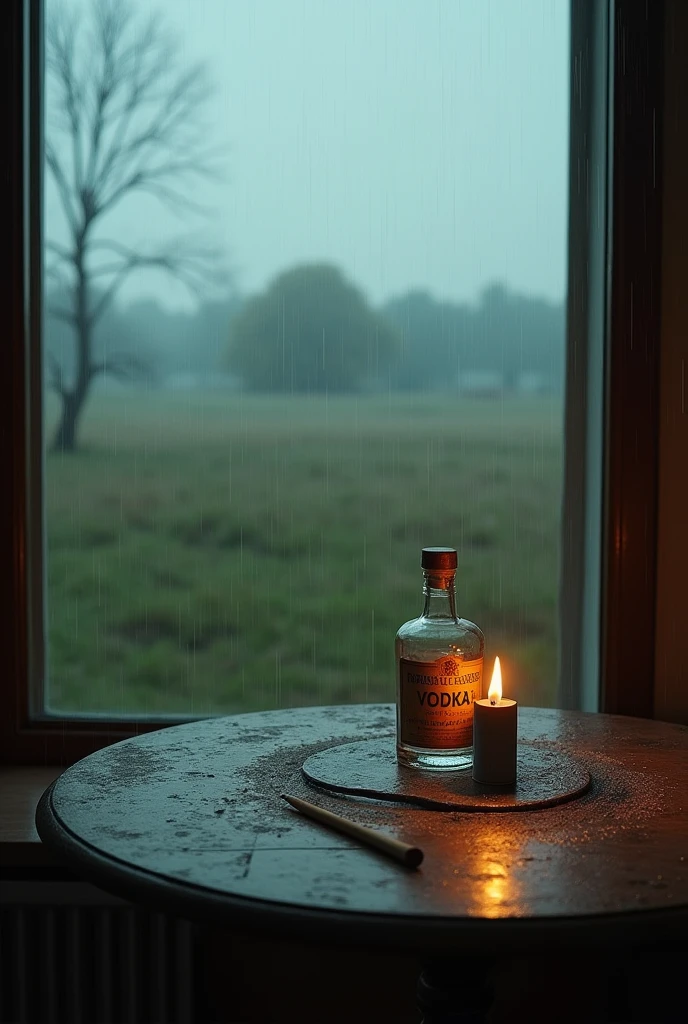 A wooden table, with a small bottle of vodka and a lit cigarette on the side, in front of it a large window showing a Field with heavy rain, Poetic style old-fashioned, closeup, landscape