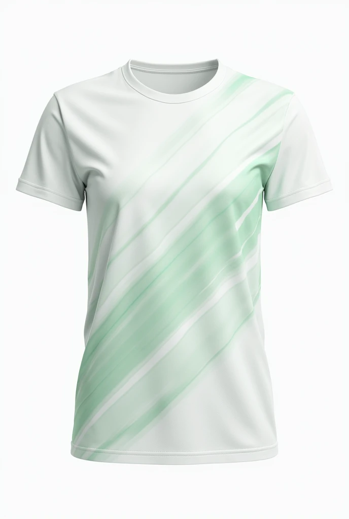 White T-shirt with green diagonal stripes that shimmer with white, on a white background