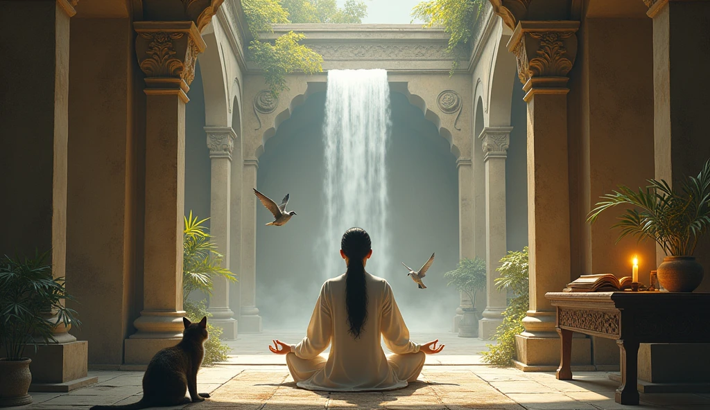 generate a person meditating in an ancient temple next to a table with books and an ancient candle with a cat and in front there is a waterfall and brown birds flying