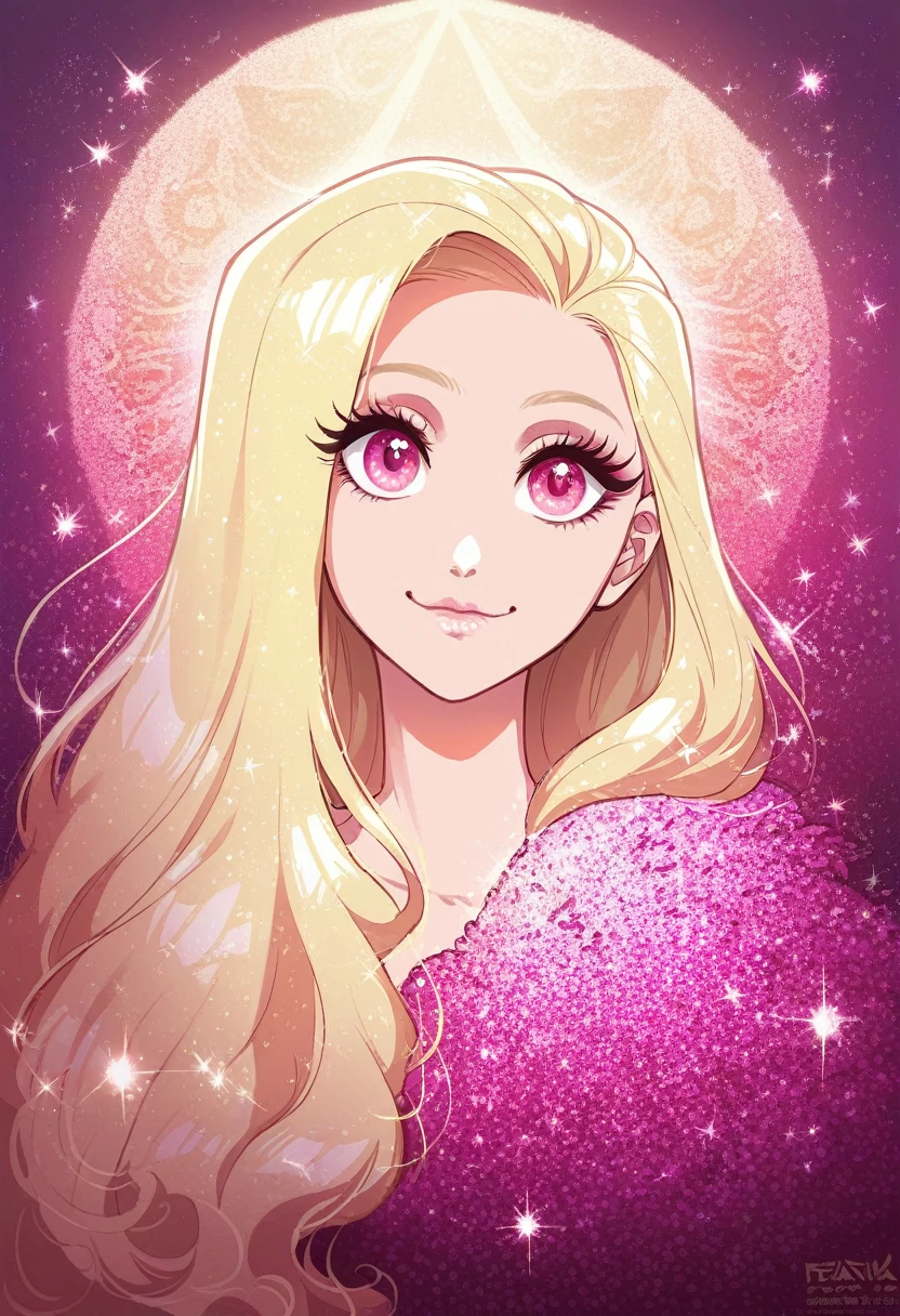 score_9, score_8_up, score_7_up, very aesthetic, 1girl, solo, blonde hair, pink eyes, portrait, glitter, smile, lip filter, closed mouth