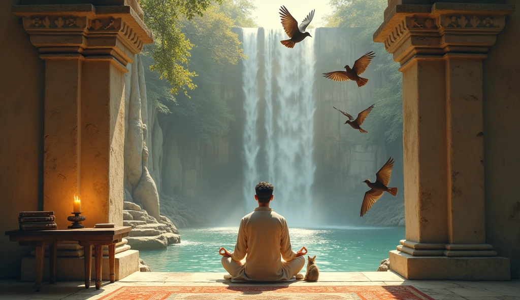 generate a person meditating in an ancient temple next to a table with books and an ancient candle with a cat and in front there is a waterfall and brown birds flying