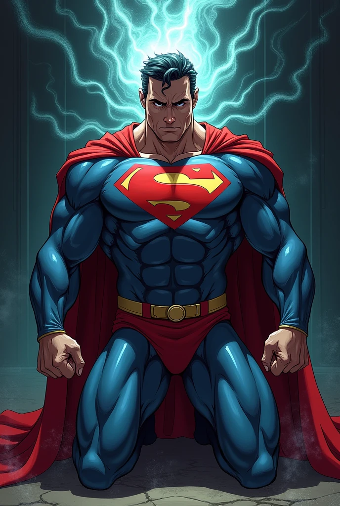Clark Kent (Superman) being hypnotized into submission. Anime. muscular. revealing. hypnotized. scared. on his knees. Defiant look.